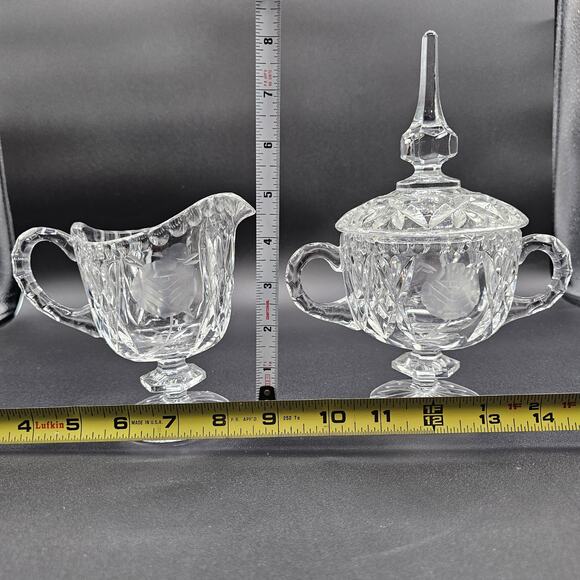 Vintage Clear Glass Crystal Footed Creamer & Sugar Set Etched Rose Pedestal - Picture 5 of 5